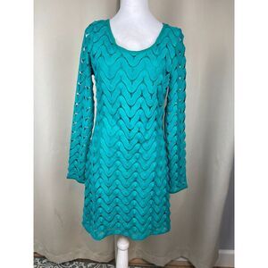 Free People Teal Crochet Knit Mini Dress Long Sleeve Boho Festival M Beachwear